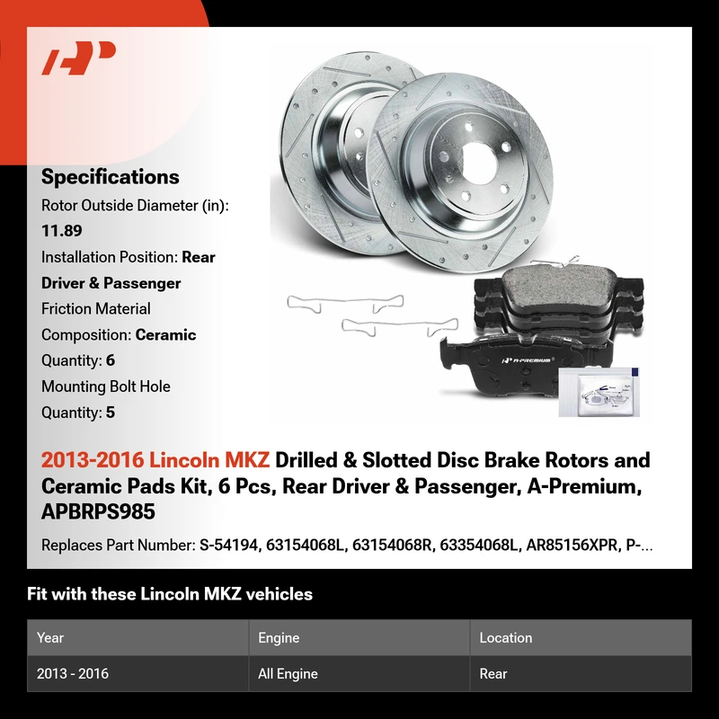 2013-2016 Lincoln MKZ Drilled & Slotted Disc Brake Rotors and Ceramic Pads Kit, 6 Pcs, Rear Driver & Passenger, A-Premium, APBRPS985