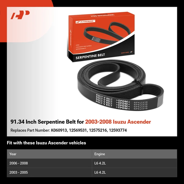 91.34 Inch Serpentine Belt for 2003-2008 Isuzu Ascender