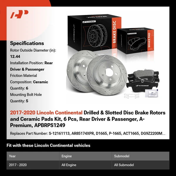 2017-2020 Lincoln Continental Drilled & Slotted Disc Brake Rotors and Ceramic Pads Kit, 6 Pcs, Rear Driver & Passenger, A-Premium, APBRPS1249