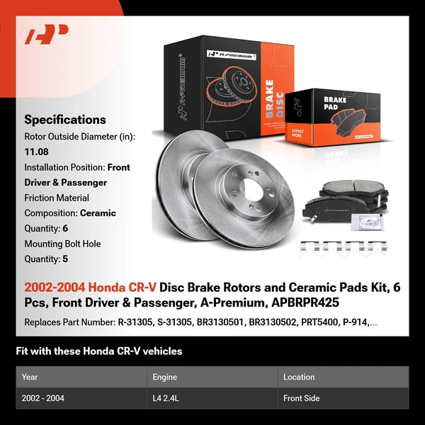 2002-2004 Honda CR-V Disc Brake Rotors and Ceramic Pads Kit, 6 Pcs, Front Driver & Passenger, A-Premium, APBRPR425
