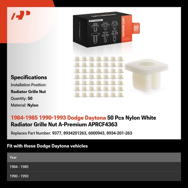 1984-1985 1990-1993 Dodge Daytona 50 Pcs Nylon White Radiator Grille Nut A-Premium APRCF4363