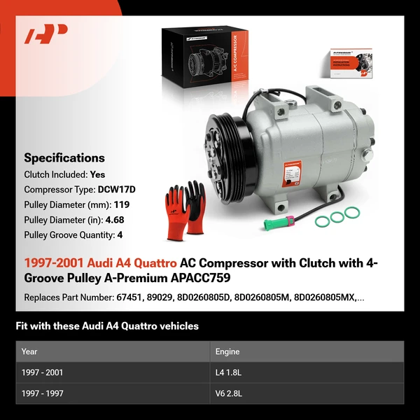 1997-2001 Audi A4 Quattro AC Compressor with Clutch with 4-Groove Pulley A-Premium APACC759