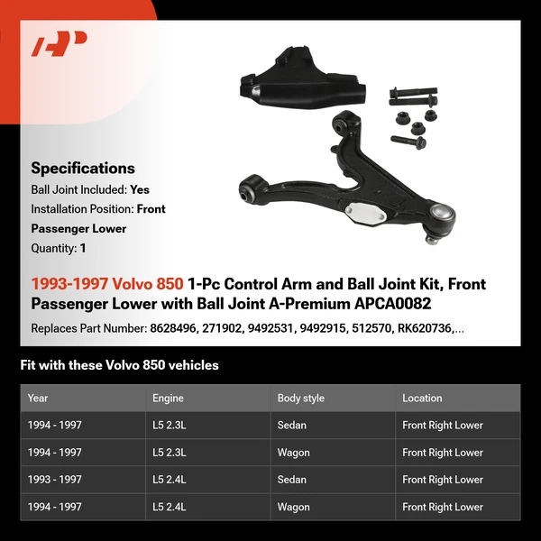 1993-1997 Volvo 850 1-Pc Control Arm and Ball Joint Kit, Front Passenger Lower with Ball Joint A-Premium APCA0082
