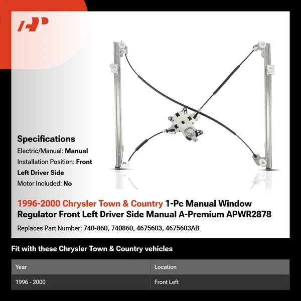 1996-2000 Chrysler Town & Country 1-Pc Manual Window Regulator Front Left Driver Side Manual A-Premium APWR2878
