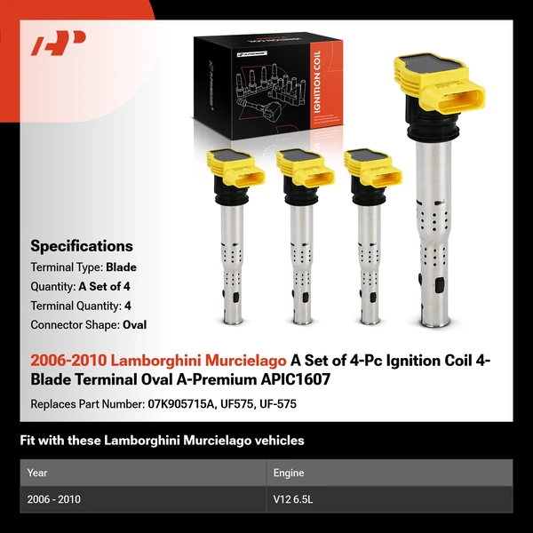 2006-2010 Lamborghini Murcielago A Set of 4-Pc Ignition Coil 4-Blade Terminal Oval A-Premium APIC1607