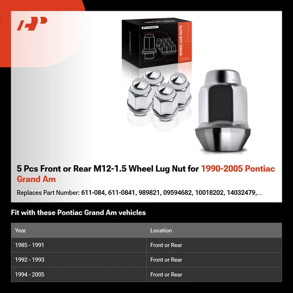 5 Pcs Front or Rear M12-1.5 Wheel Lug Nut for 1990-2005 Pontiac Grand Am