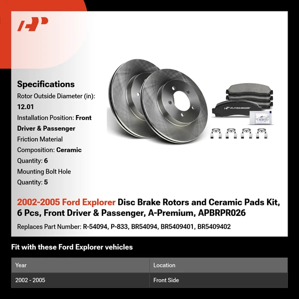 2002-2005 Ford Explorer Disc Brake Rotors and Ceramic Pads Kit, 6 Pcs, Front Driver & Passenger, A-Premium, APBRPR026