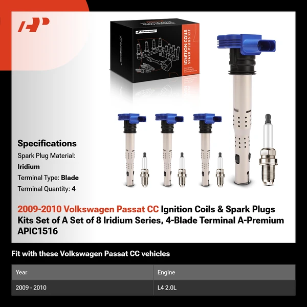 2009-2010 Volkswagen Passat CC Ignition Coils & Spark Plugs Kits Set of A Set of 8 Iridium Series, 4-Blade Terminal A-Premium APIC1516