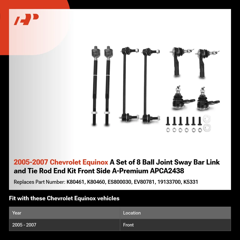 2005-2007 Chevrolet Equinox A Set of 8 Ball Joint Sway Bar Link and Tie Rod End Kit Front Side A-Premium APCA2438
