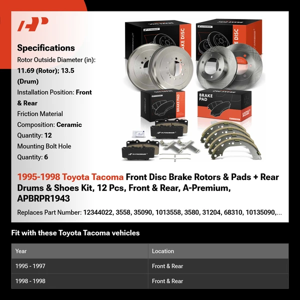 1995-1998 Toyota Tacoma Front Disc Brake Rotors & Pads + Rear Drums & Shoes Kit, 12 Pcs, Front & Rear, A-Premium, APBRPR1943