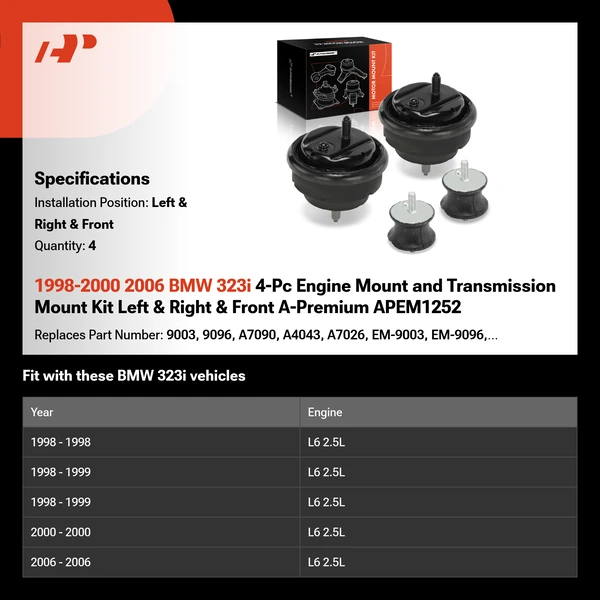 1998-2000 2006 BMW 323i 4-Pc Engine Mount and Transmission Mount Kit Left & Right & Front A-Premium APEM1252