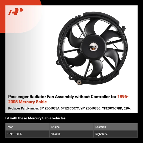 Passenger Radiator Fan Assembly without Controller for 1996-2005 Mercury Sable