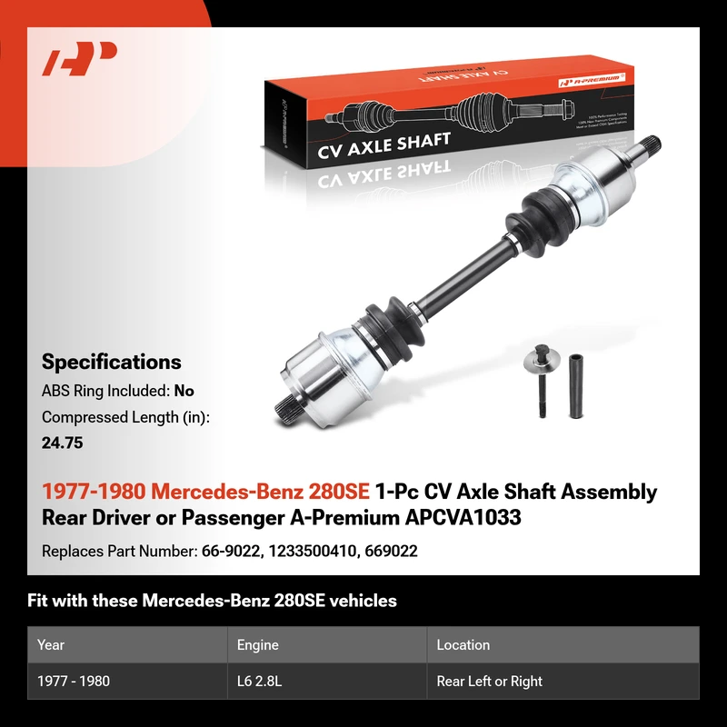 1977-1980 Mercedes-Benz 280SE 1-Pc CV Axle Shaft Assembly Rear Driver or Passenger A-Premium APCVA1033
