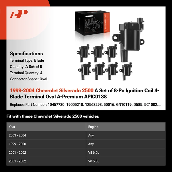 1999-2004 Chevrolet Silverado 2500 A Set of 8-Pc Ignition Coil 4-Blade Terminal Oval A-Premium APIC0138