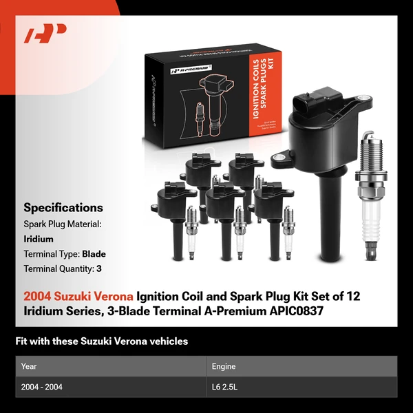 2004 Suzuki Verona Ignition Coil and Spark Plug Kit Set of 12 Iridium Series, 3-Blade Terminal A-Premium APIC0837