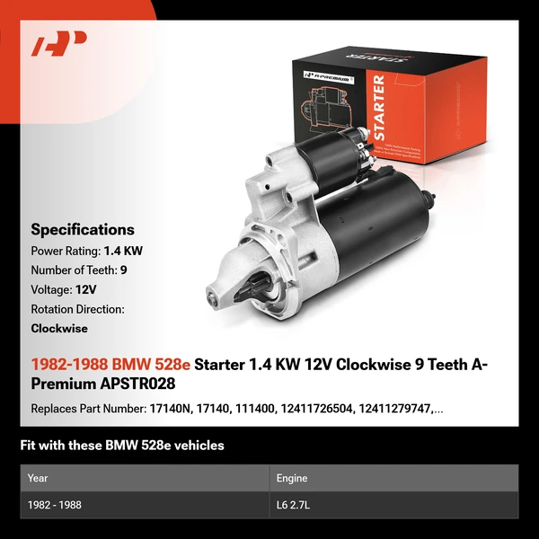 1982-1988 BMW 528e Starter 1.4 KW 12V Clockwise 9 Teeth A-Premium APSTR028