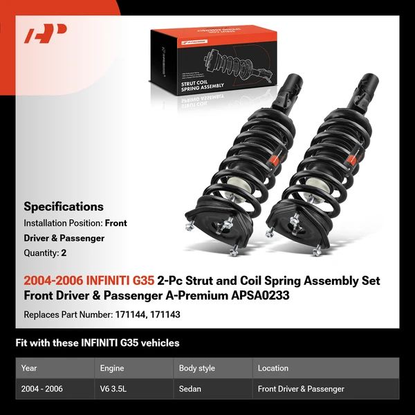 2004-2006 INFINITI G35 2-Pc Strut and Coil Spring Assembly Set Front Driver & Passenger A-Premium APSA0233