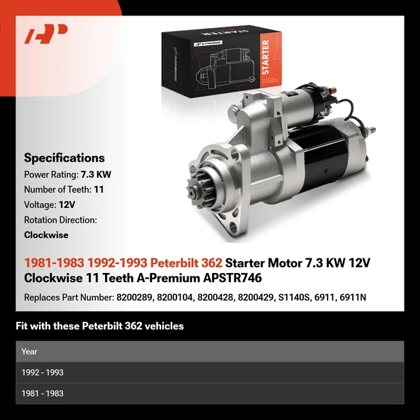 1981-1983 1992-1993 Peterbilt 362 Starter Motor 7.3 KW 12V Clockwise 11 Teeth A-Premium APSTR746