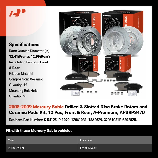 2008-2009 Mercury Sable Drilled & Slotted Disc Brake Rotors and Ceramic Pads Kit, 12 Pcs, Front & Rear, A-Premium, APBRPS470