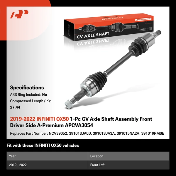 2019-2022 INFINITI QX50 1-Pc CV Axle Shaft Assembly Front Driver Side A-Premium APCVA3054