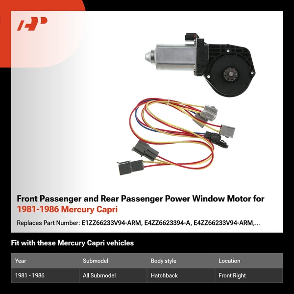 Front Passenger and Rear Passenger Power Window Motor for 1981-1986 Mercury Capri