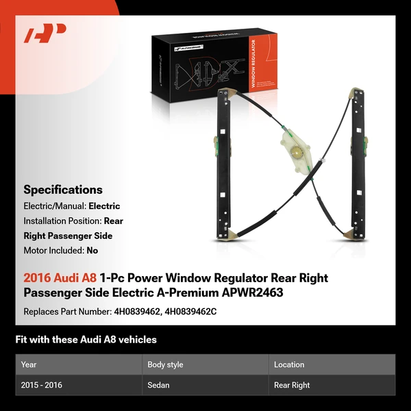 2016 Audi A8 1-Pc Power Window Regulator Rear Right Passenger Side Electric A-Premium APWR2463