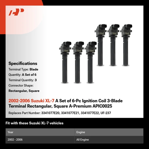 2002-2006 Suzuki XL-7 A Set of 6-Pc Ignition Coil 3-Blade Terminal Rectangular, Square A-Premium APIC0025