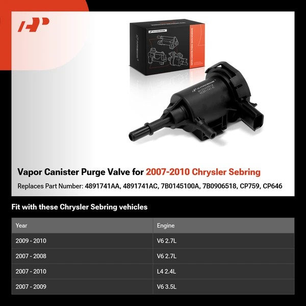 Vapor Canister Purge Valve for 2007-2010 Chrysler Sebring