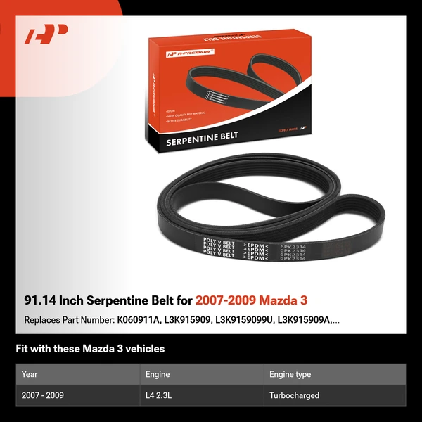 91.14 Inch Serpentine Belt for 2007-2009 Mazda 3