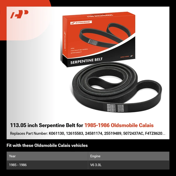 113.05 inch Serpentine Belt for 1985-1986 Oldsmobile Calais