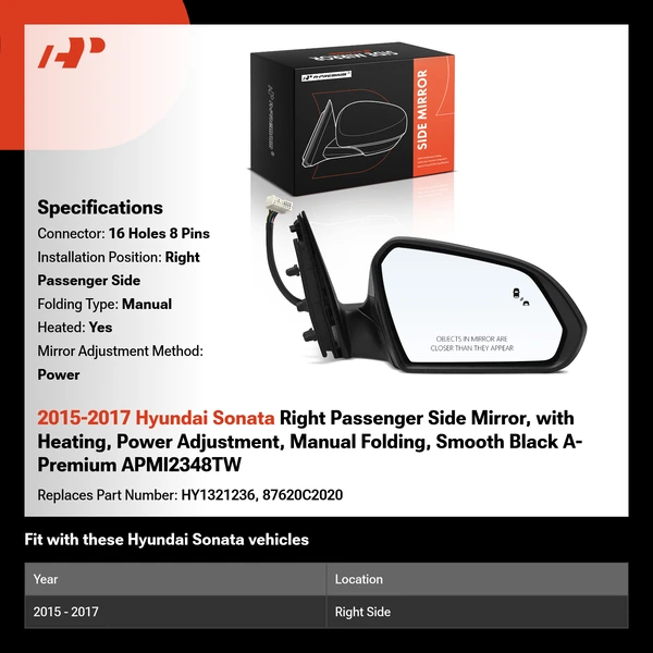 2015-2017 Hyundai Sonata Right Passenger Side Mirror, with Heating, Power Adjustment, Manual Folding, Smooth Black A-Premium APMI2348TW