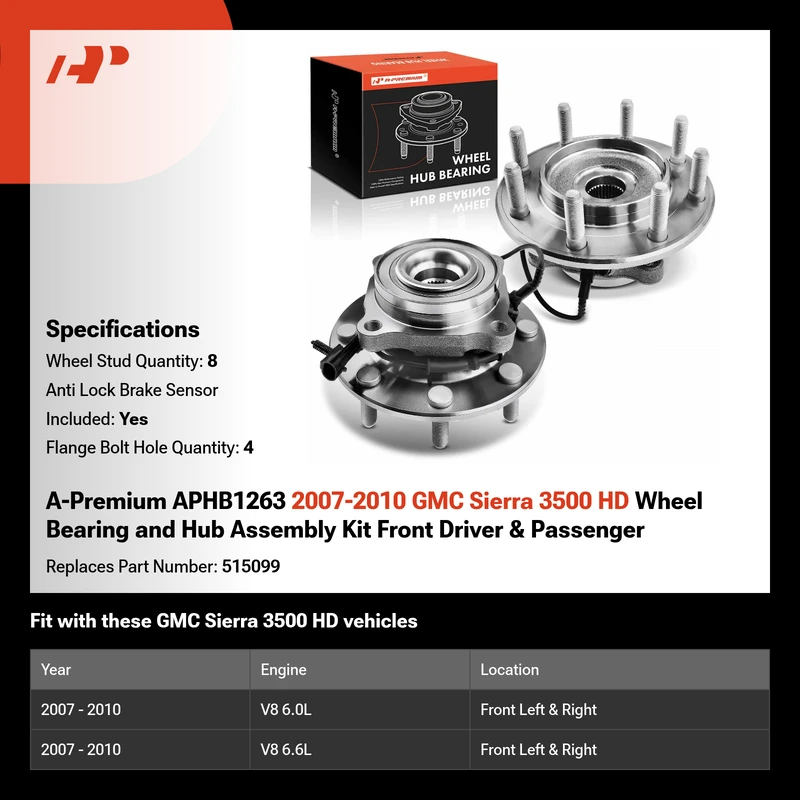 A-Premium APHB1263 2007-2010 GMC Sierra 3500 HD Wheel Bearing and Hub Assembly Kit Front Driver & Passenger