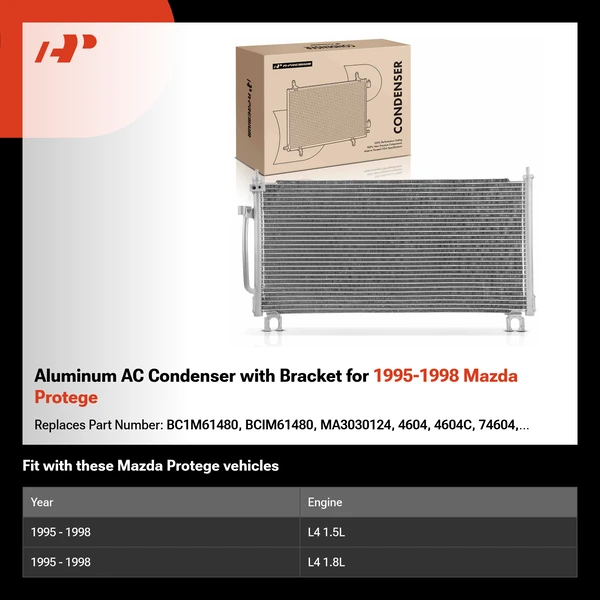 Aluminum AC Condenser with Bracket for 1995-1998 Mazda Protege