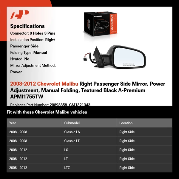 2008-2012 Chevrolet Malibu Right Passenger Side Mirror, Power Adjustment, Manual Folding, Textured Black A-Premium APMI1755TW