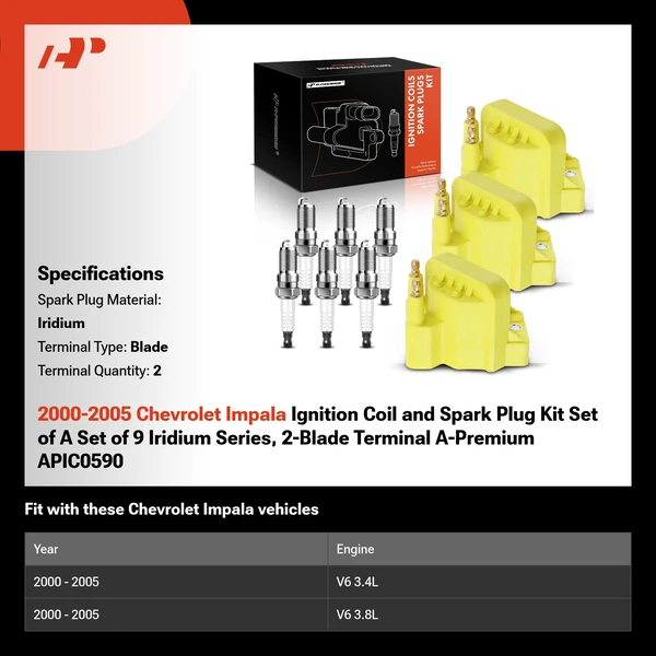 2000-2005 Chevrolet Impala Ignition Coil and Spark Plug Kit Set of A Set of 9 Iridium Series, 2-Blade Terminal A-Premium APIC0590