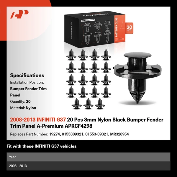 2008-2013 INFINITI G37 20 Pcs 8mm Nylon Black Bumper Fender Trim Panel A-Premium APRCF4298