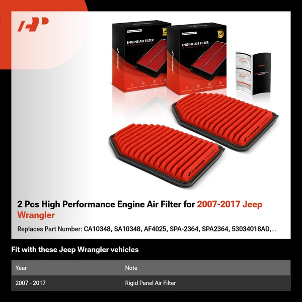 2 Pcs High Performance Engine Air Filter for 2007-2017 Jeep Wrangler