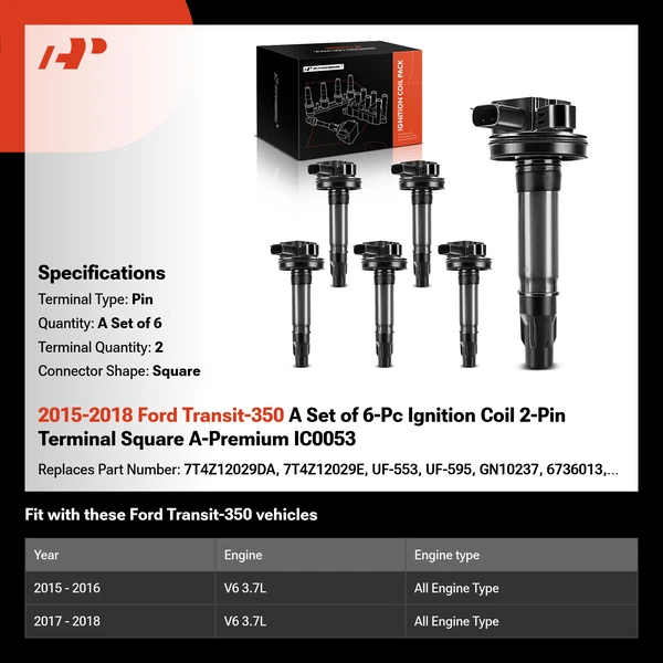 2015-2018 Ford Transit-350 A Set of 6-Pc Ignition Coil 2-Pin Terminal Square A-Premium IC0053