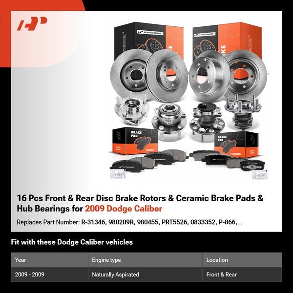 16 Pcs Front & Rear Disc Brake Rotors & Ceramic Brake Pads & Hub Bearings for 2009 Dodge Caliber