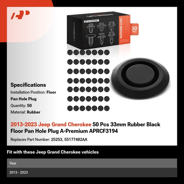 2013-2023 Jeep Grand Cherokee 50 Pcs 33mm Rubber Black Floor Pan Hole Plug A-Premium APRCF3194