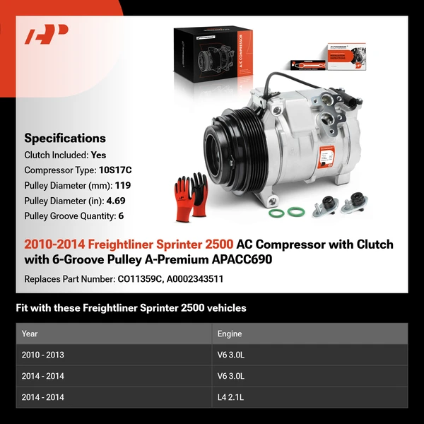 2010-2014 Freightliner Sprinter 2500 AC Compressor with Clutch with 6-Groove Pulley A-Premium APACC690