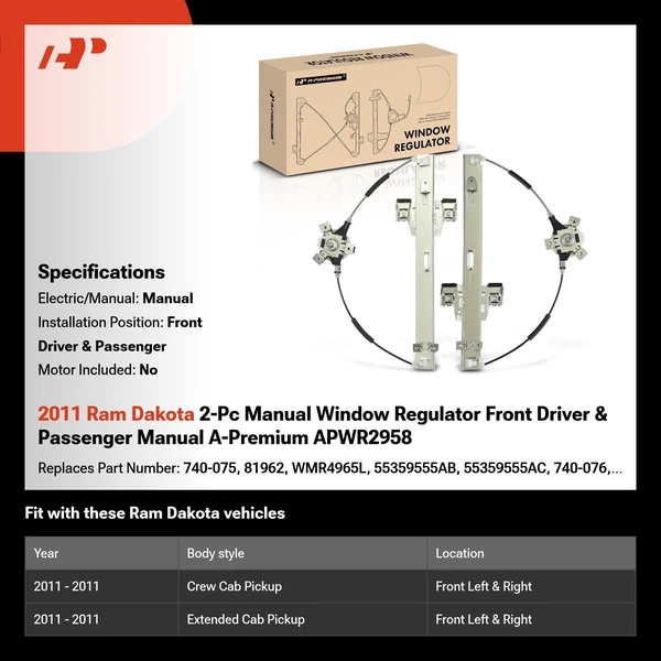 2011 Ram Dakota 2-Pc Manual Window Regulator Front Driver & Passenger Manual A-Premium APWR2958
