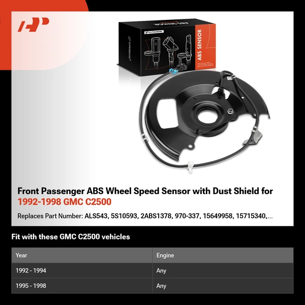 Front Passenger ABS Wheel Speed Sensor with Dust Shield for 1992-1998 GMC C2500