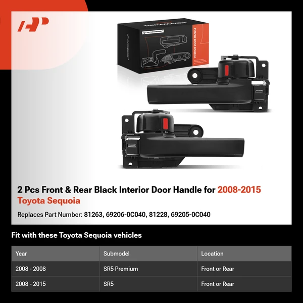 2 Pcs Front & Rear Black Interior Door Handle for 2008-2015 Toyota Sequoia
