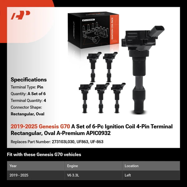 2019-2025 Genesis G70 A Set of 6-Pc Ignition Coil 4-Pin Terminal Rectangular, Oval A-Premium APIC0932