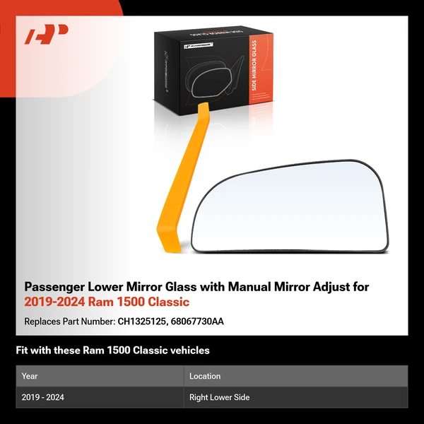 Passenger Lower Mirror Glass with Manual Mirror Adjust for 2019-2024 Ram 1500 Classic