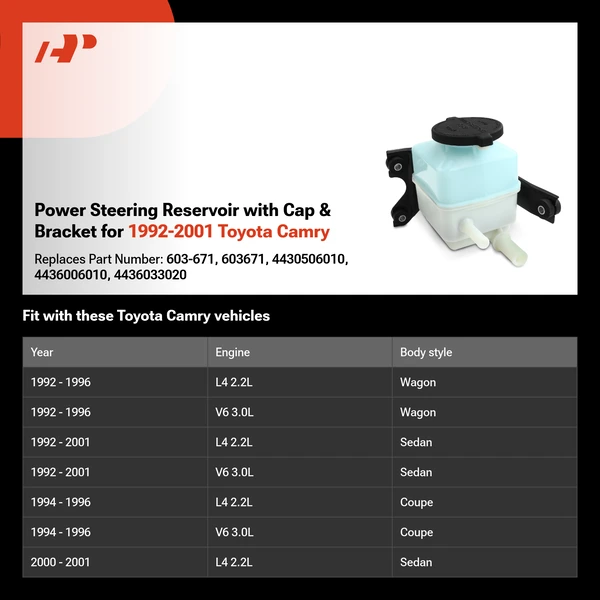 Power Steering Reservoir with Cap & Bracket for 1992-2001 Toyota Camry
