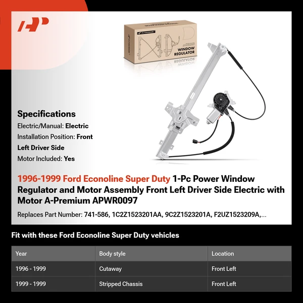 1996-1999 Ford Econoline Super Duty 1-Pc Power Window Regulator and Motor Assembly Front Left Driver Side Electric with Motor A-Premium APWR0097