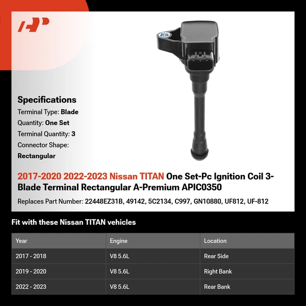 2017-2020 2022-2023 Nissan TITAN One Set-Pc Ignition Coil 3-Blade Terminal Rectangular A-Premium APIC0350