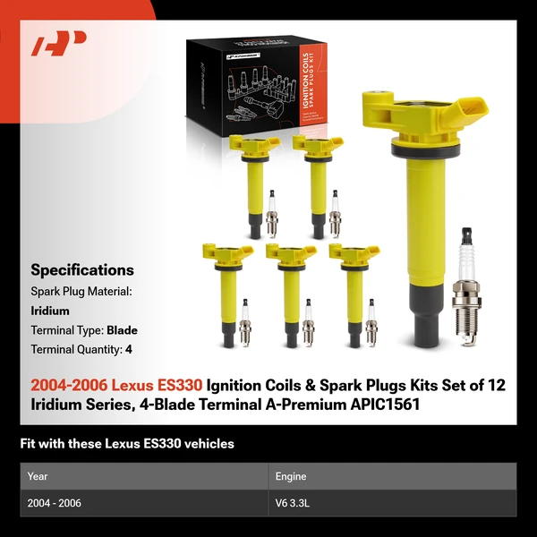 2004-2006 Lexus ES330 Ignition Coils & Spark Plugs Kits Set of 12 Iridium Series, 4-Blade Terminal A-Premium APIC1561